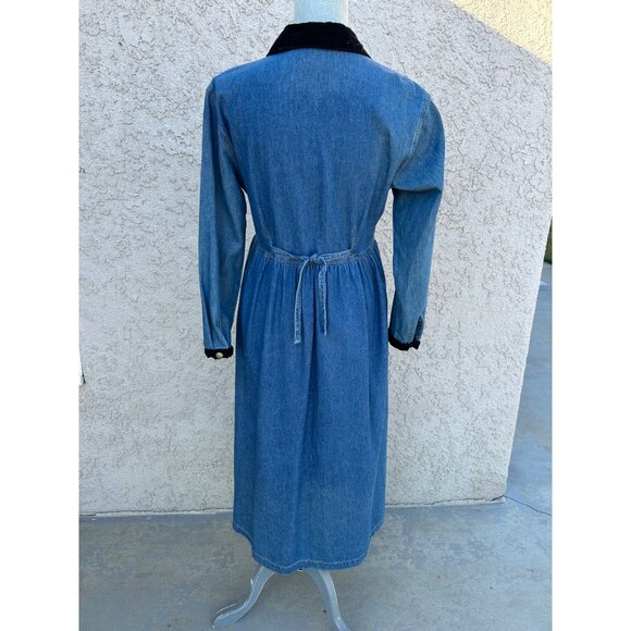 90s Vintage Denim Maxi Dress Velvet Collar/Cuffs Button-Down Front Waist Tie 4P - Picture 5 of 10